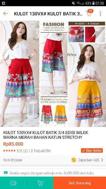 Bawahan Kulot Batik Pendek Katun Stretch  130 Jm#