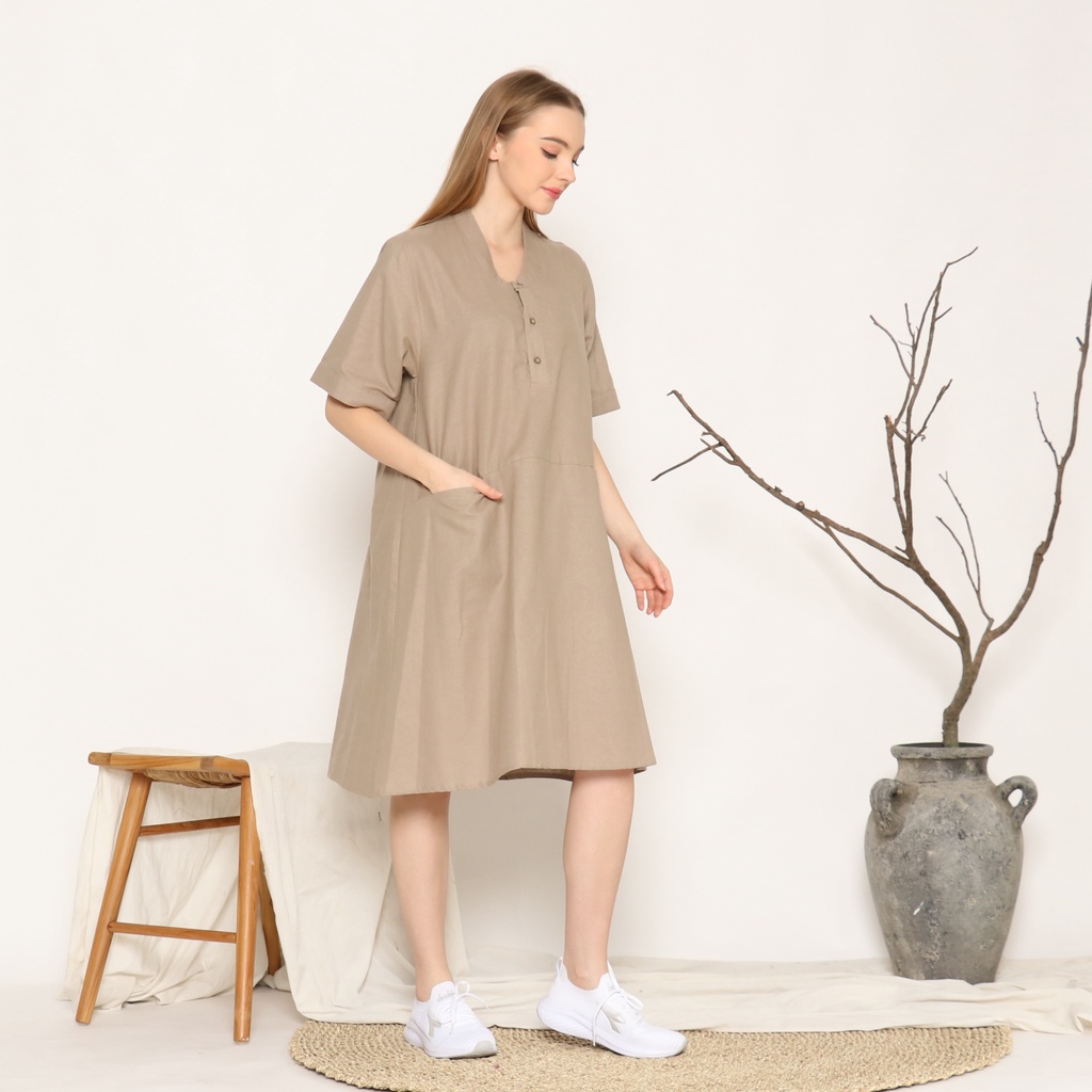 Dress Casual Wanita Oversize bahan Linen Rami Maxi Dress Kantor Simple