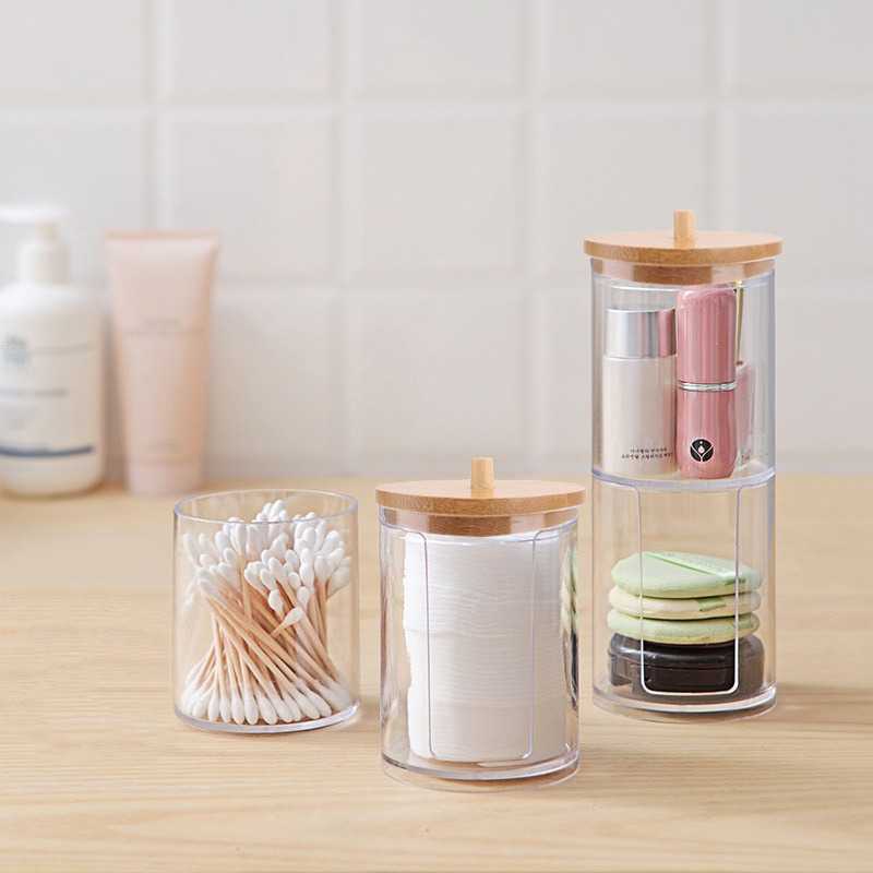 Storage Organizer Makeup Storage Kotak Kecil Serbaguna Tempat Makeup Storage Organizer Toples Cotton Bud Lipstik Kosmetik with Bamboo Lid