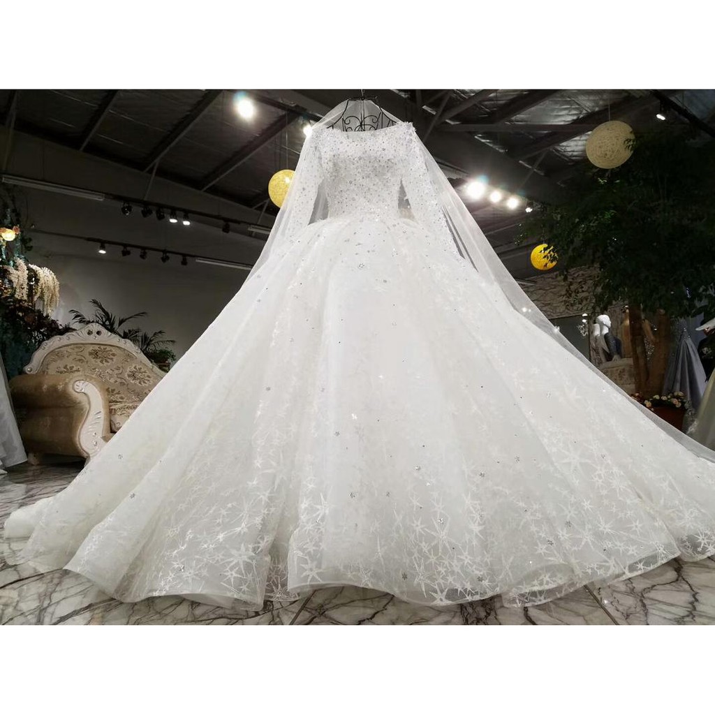 Gaun Pengantin 1711105 Putih Sabrina Lengan Panjang Ekor Wedding Dress