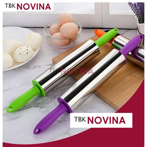 Rolling Pin Penggilas Adonan Kue Rotary Handle Stainless Steel Gagang Berputar