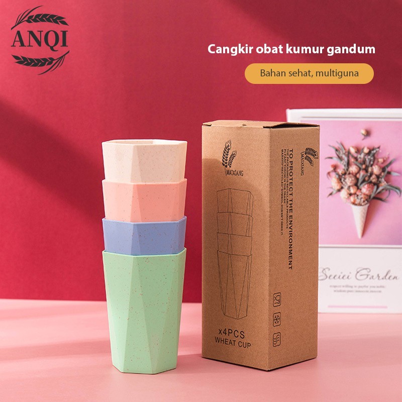 ANQI Cangkir Plastik Cup Warna Warni Set 4Pcs Wheat Water Fashion Water Toothbrush Cup /VS-15