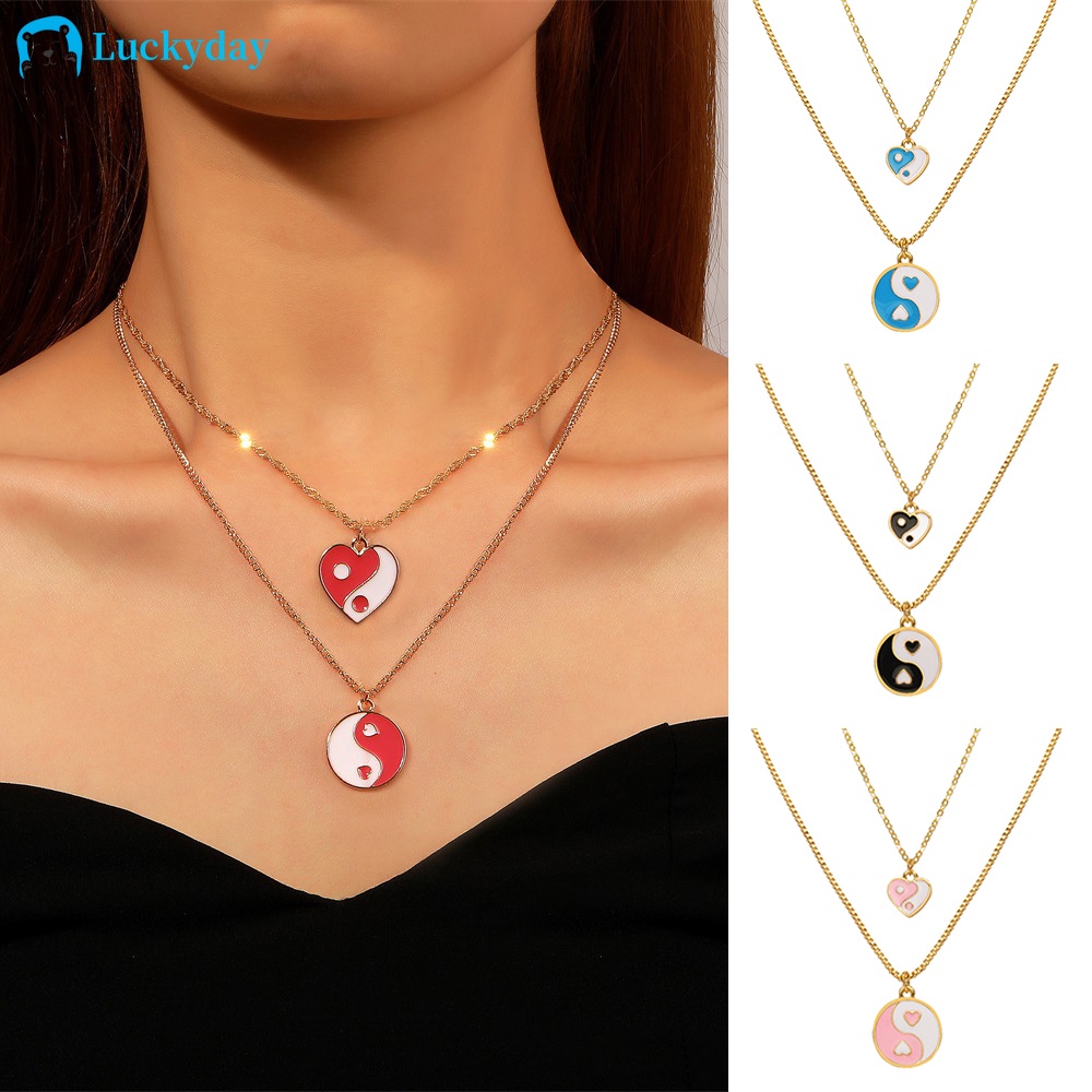 YEEZII Korean Fashion Heart-shaped Tai Chi Pendant Necklace Multi-layer Metal Choker Women Accessories