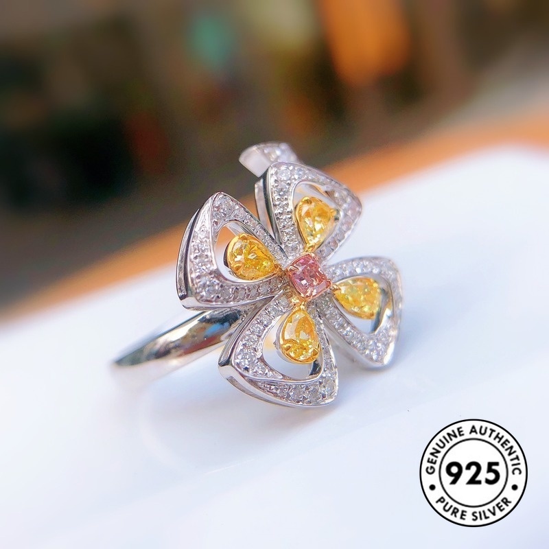 Cincin S925 Silver Bentuk Bunga Clover Warna Kuning Aksen Berlian