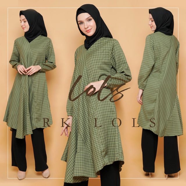AAMBER LONG TUNIK MOTIF KOTAK BISA DRESS BABYPINK KUNING COKSU MILO HIJAU ARMY