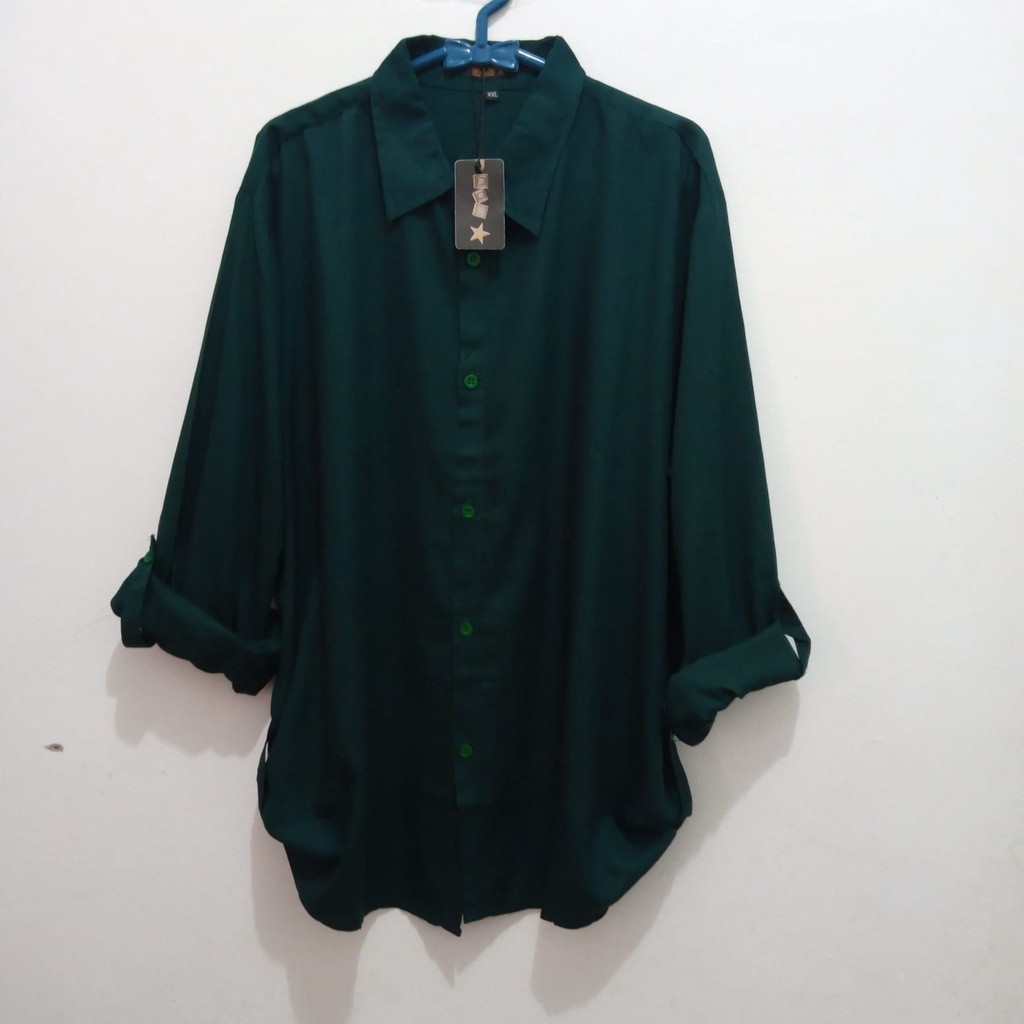 Kemeja Rayon Hijau Botol Kemeja Wanita Bahan Rayon Adem Lembut Jatoh Kemeja Polos Wanita Hijau Botol