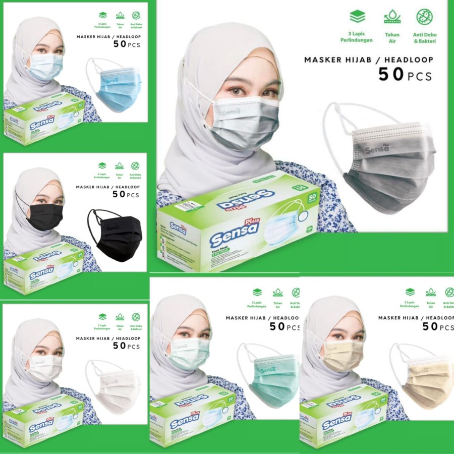 SENSA PLUS 3PLY MASK BOX ISI 50 - MASKER 3PLY EMBOS SENSA PLUS EARLOOP / HIJAB HEADLOOP KEMENKES