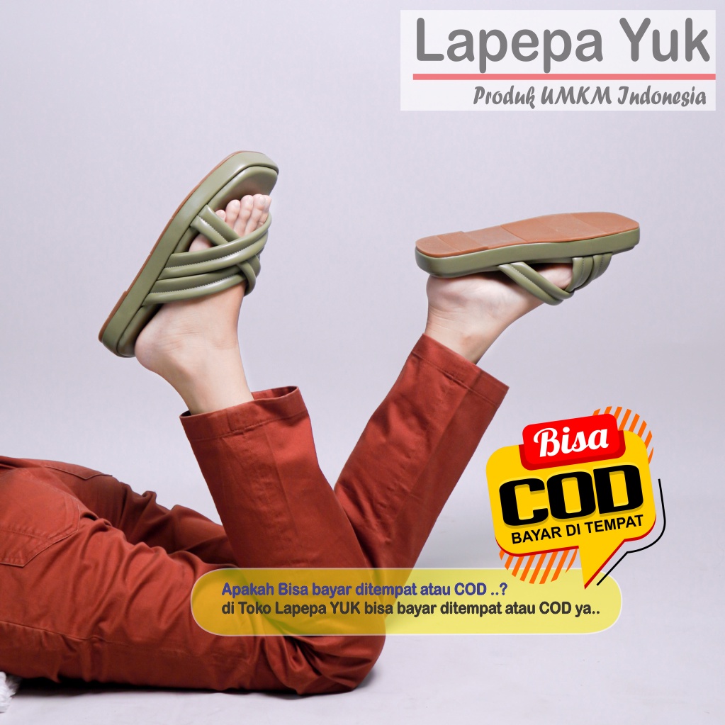 LAPEPA YUK - Sandal Wanita Wedges SHENNA Sendal Cewek Platform Kondangan Hak Tinggi 3cm Model Silang 3 Size 36 37 38 39 40 Pergi Jalan Casual Santai Rumah Slop Warna OLIVE  Hijau Soft Selop Premium Original Kekinian Terbaru Shoes ORI Mall Official Store