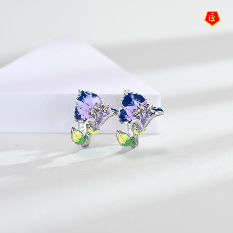 [Ready Stock]S925 Silver Enamel Ring Flower Pendant and Earrings Set