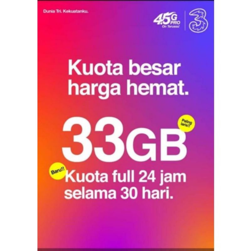 Tri 33gb nasional 24jam termurah