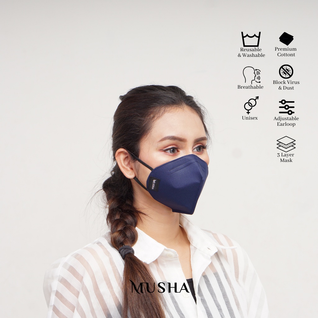 Musha KN95 Mask - Navy | Masker Kain 3 Ply Earloop