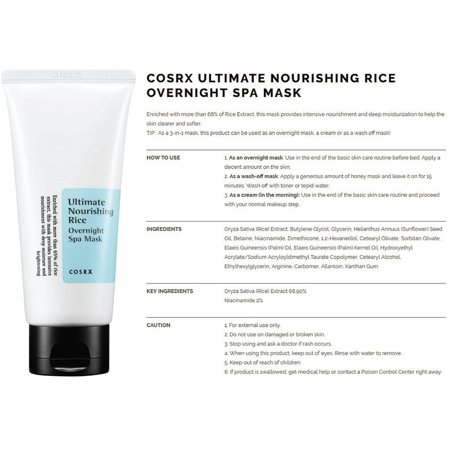 COSRX ULTIMATE NOURISHING RICE OVERNIGHT SPA MASK 60ML