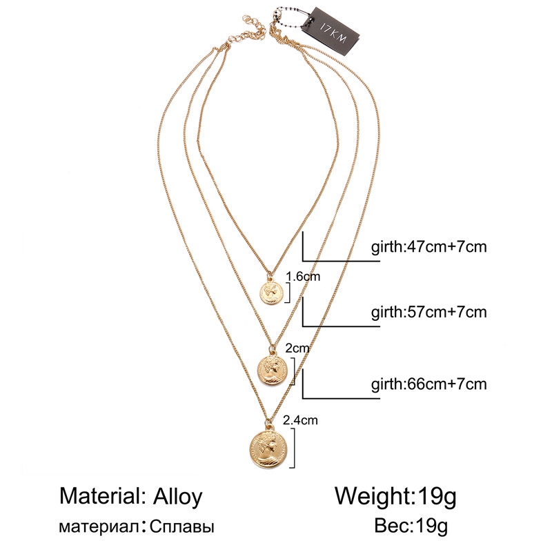 Fashion Creative Retro Gold Alloy Necklace Human Avatar Seal Wafer Multi-layer Necklace Female