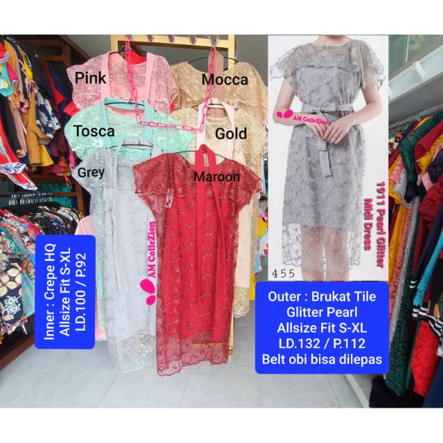 AM 1911 Dress Pesta Brukat Tile Glitter Pearl