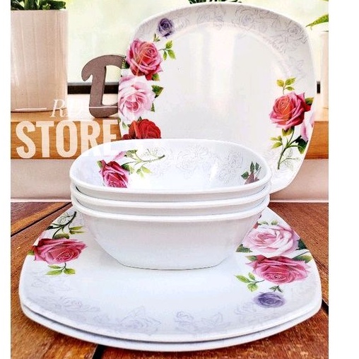 PROMO SET 6.PCS ISI 3.PIRING KOTAK SAJI 3.MANGKOK KOTAK MELAMINE MOTIF ROSE