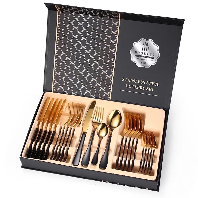 Jual Premium Cutlery Full Set 24 Pcs Gold / Paket Sendok Makan Isi 24 ...