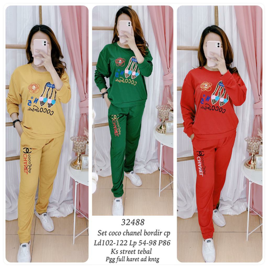 Lc2 32488 set Coco Chanel bordir pp Tanpa HITAM Kaos Stretch