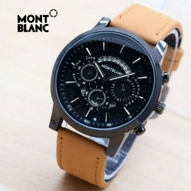 Jam Tangan Pria MontBlanc Tanggal Kulit Body Hitam - Cokelat Tua