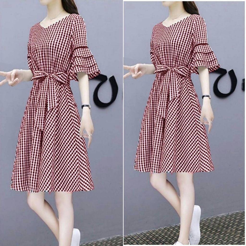 Toply shop  Korean  tartan A line  Mini Dres wanita kotak kotak