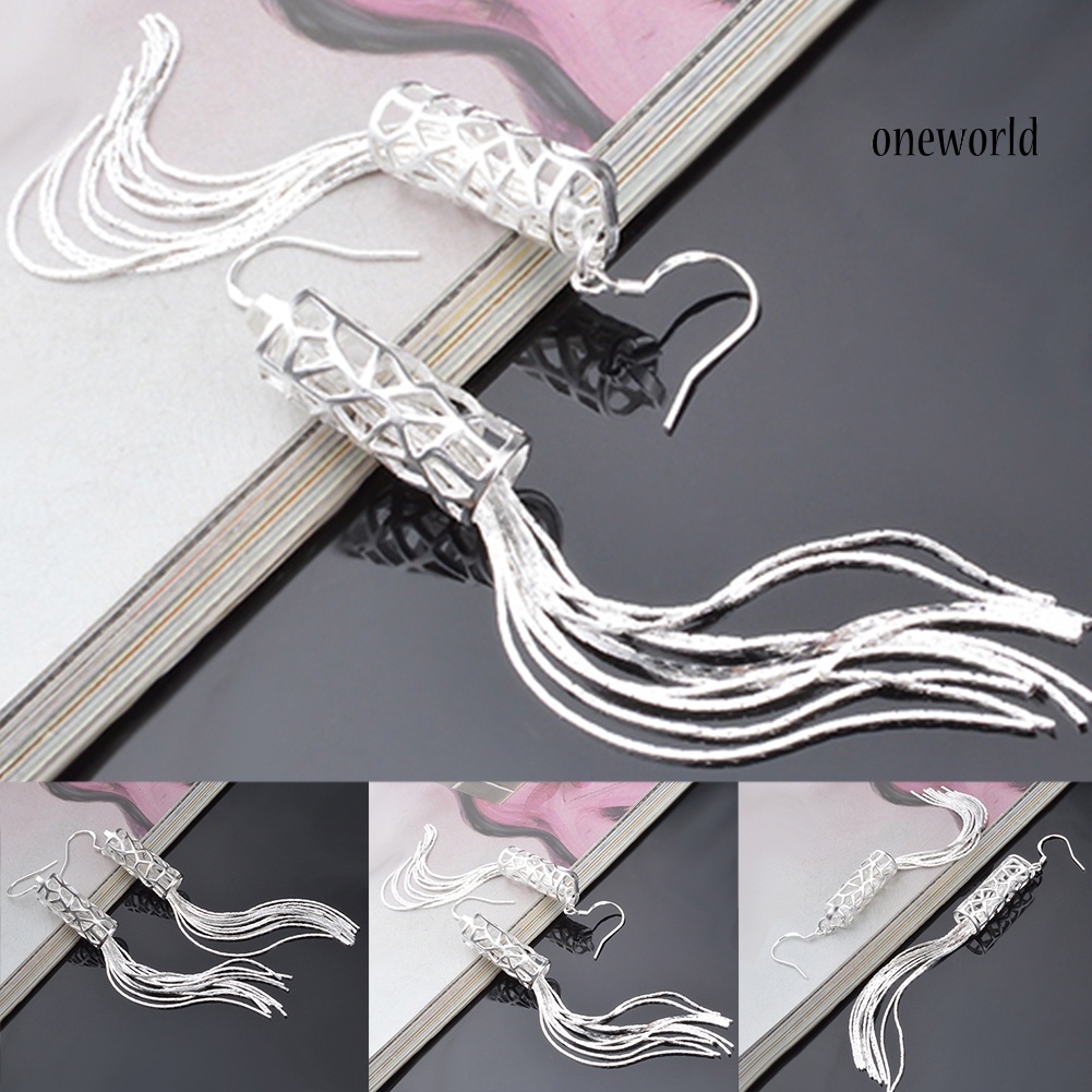 OW@ Women Fashion Silver Plated Long Chain Tassel Hook Dangle Linear Earrings Gift