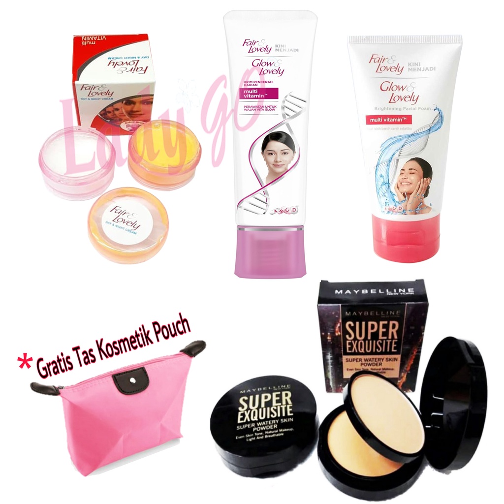 PAKET LENGKAP FAIR &amp; LOVELY - Facial Foam - Cream Susun Siang dan Malam - Pelembab PLUS Bedak Maybelline Super Exquisite FREE TAS POUCH