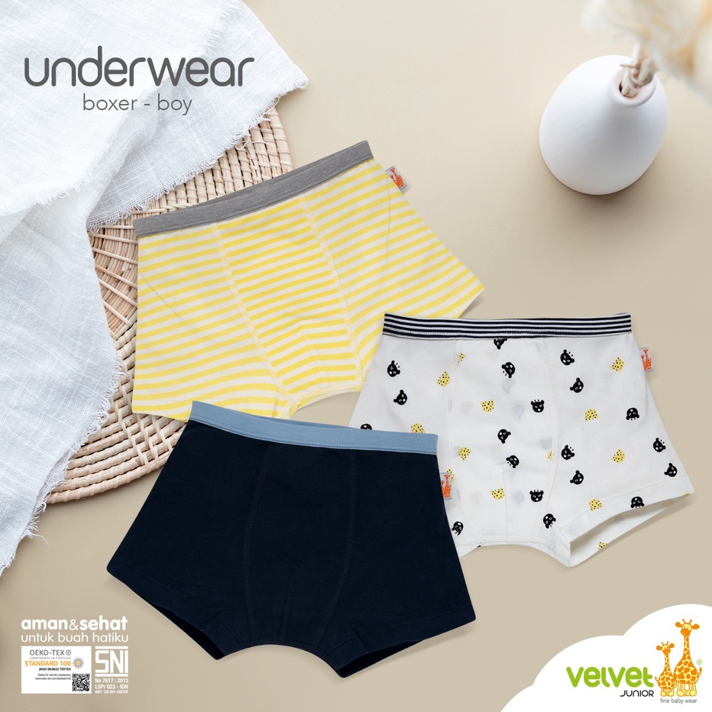 Velvet Junior Boxer Boy Series (3pcs) / Pakaian Dalam Anak / UnderWear / Boxer Anak / Celana Dalam Anak