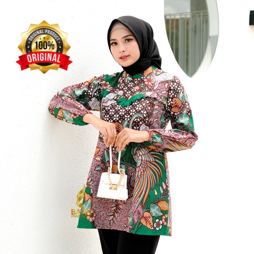 Batik Prabuseno Motif MERAK INDAH Blouse Atasan Baju Batik Wanita Lengan Panjang Modern Original Pra