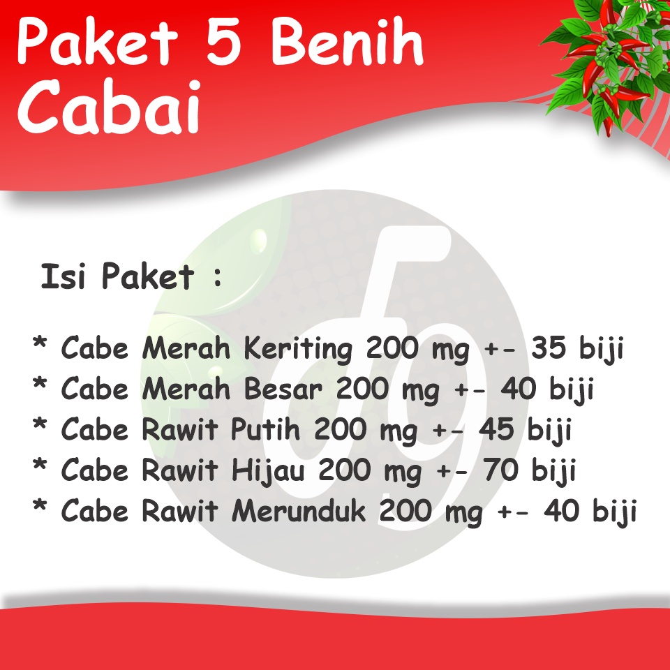 Paket Benih Cabe 5 Jenis Bibit Sayuran Cabai Merah Besar Keriting Rawit Hijau Rawit Putih Rawit Merunduk