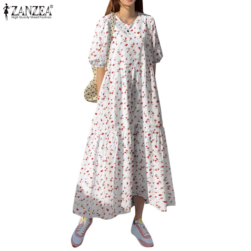 ZANZEA Women Ruffle Fashion Floral Printed Tiered Casual 3/4 Sleeve Loose Long Dress