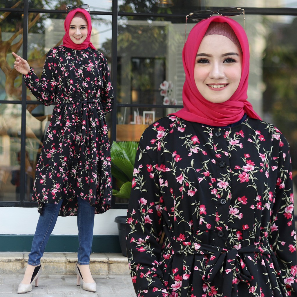 HOPYLOVY - Tunik Wanita Motif Bunga Equella