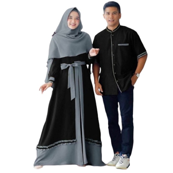 baju couple pasangan terbaru 2022 lebaran/baju couple gamis dan kemeja - Hitam