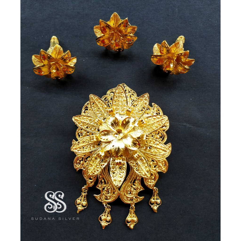 Set Bros Alpaka Kelopak Pucuk Polos dan Motif Donat Gold Plated Bali