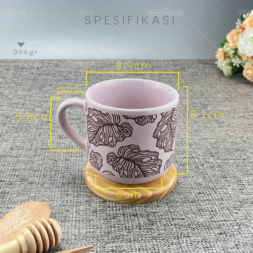 Gelas Mug 300ml Keramik Warna Pegangan Motif Daun Cantik Murah Tebal Tahan Panas