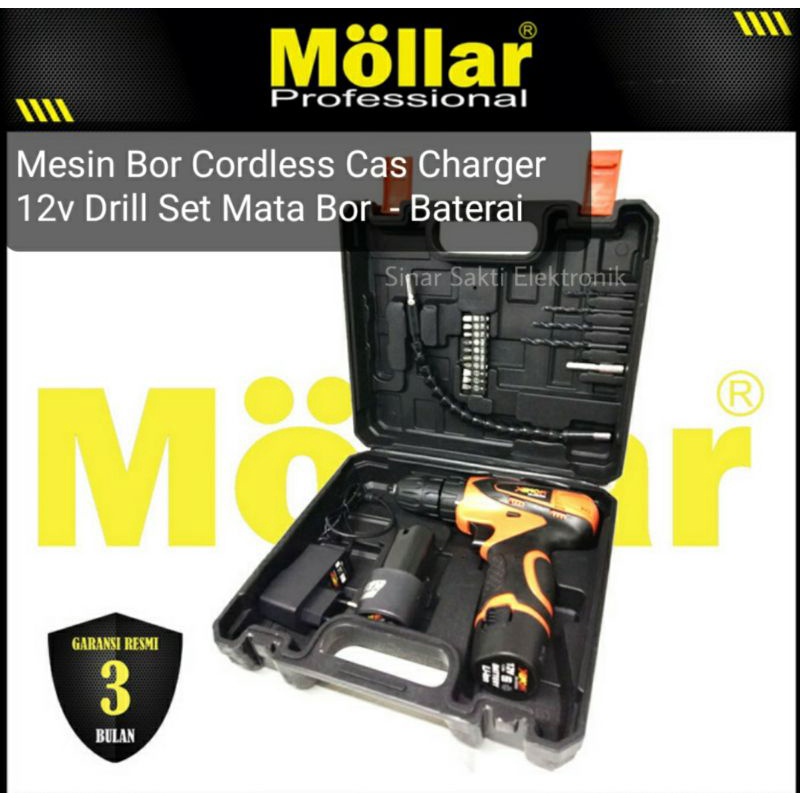 Mesin Bor Cordless Cas Charger 12v Drill Set Mata Bor Baterai Xenon Mollar