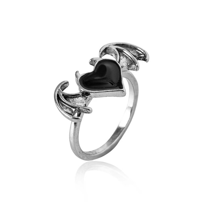 Cincin Model Terbuka Dapat Disesuaikan Desain Sayap Hati Warna Hitam Gaya hip hop punk Untuk Pria Dan Wanita