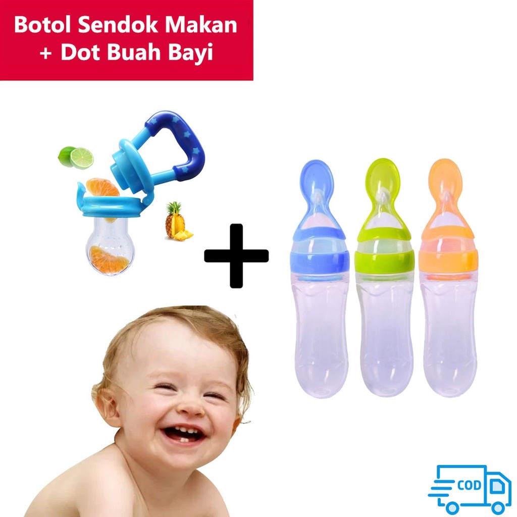 BEAUTY JAYA - BAYAR DI TEMPAT - PAKET 2 IN 1 PROMO Botol Sendok Makan Bayi + Dot Bayi / Dot Buah - Warna Random