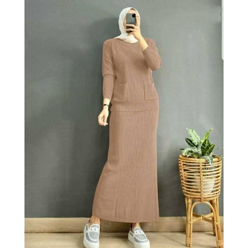 Rok Casual Korea Setelan Rok Polos Wanita Setelan Rajut Knite Import Wanita Setelan Bodycon Panjang 