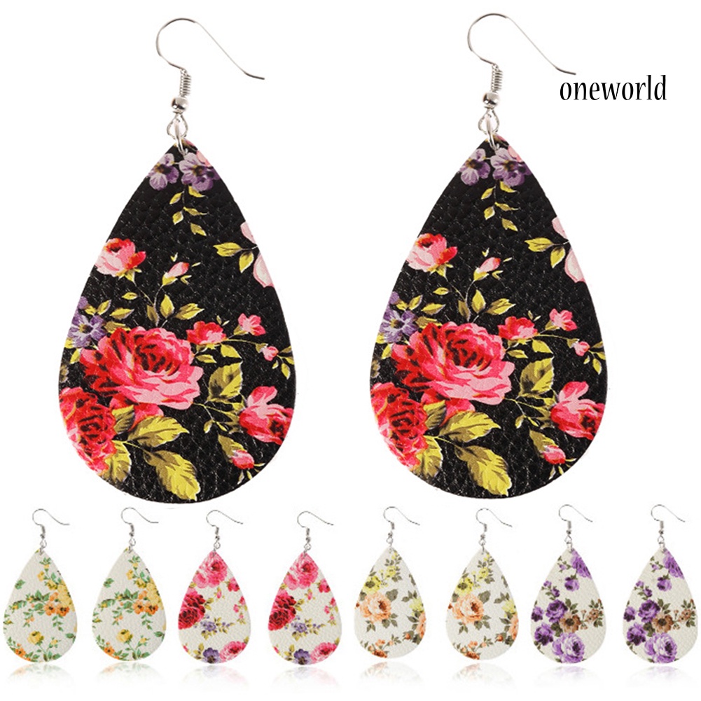 OW@ Boho Women Floral Pattern Teardrop Dangle Faux Leather Hook Earrings Jewelry