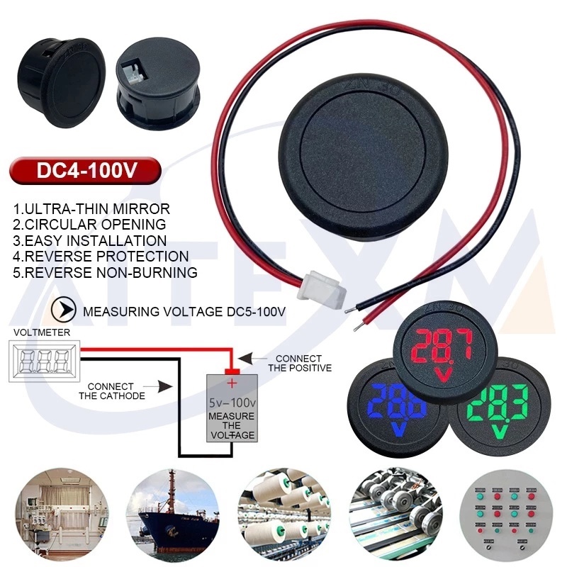 Dc 4-100V Voltmeter Digital LED Dua Kabel Bentuk Bulat