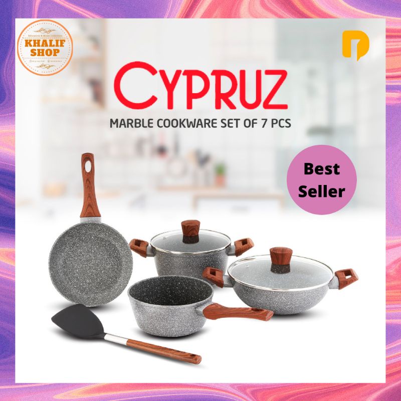 Frying Pan Marble Anti Lengket Wok Pan Sauce Pan Fry Pan Keramik Merk Cypruz Cookware Set of 7 pcs