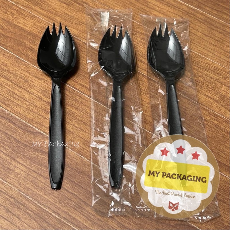 Sendok Plastik PREMIUM Ujung Garpu 100pcs - SPOON FORK SPORK WRAPPING Sudah Dibungkus PLASTIK satuan - Bagus Kuat Halus tidak kasar