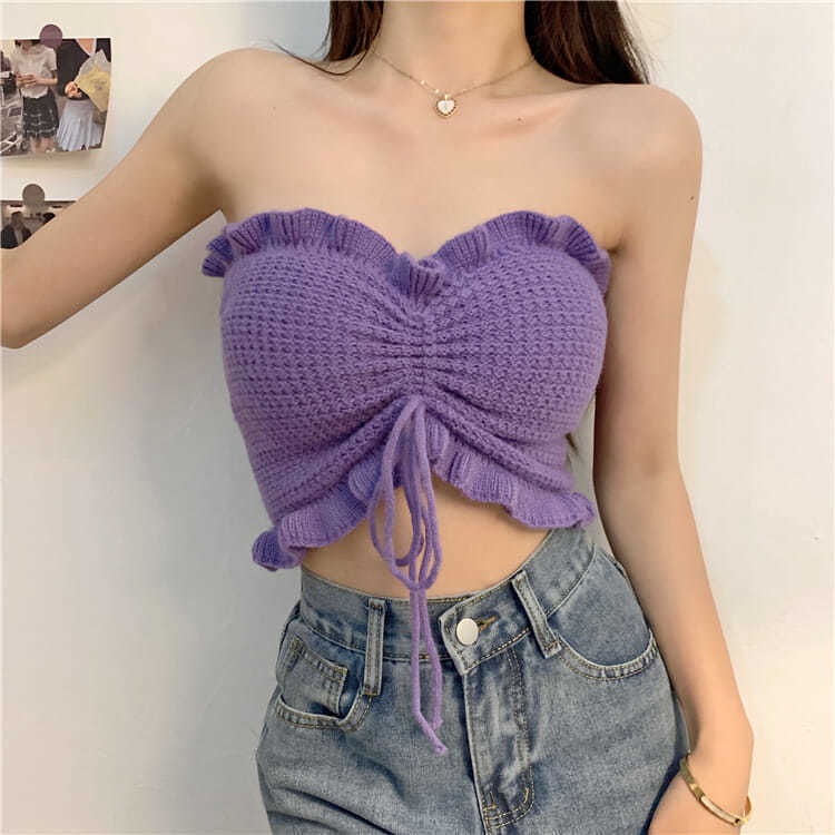 Pakaian luar kamisol tali pusar pendek musim panas perasaan serut off-shoulder tube top top wanita h