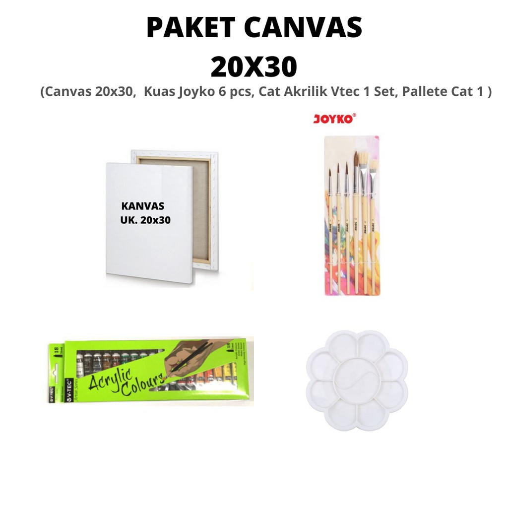 

PAKET LUKIS KANVAS 20X30, KUAS, CAT AKRILIK, PALET TERMURAH