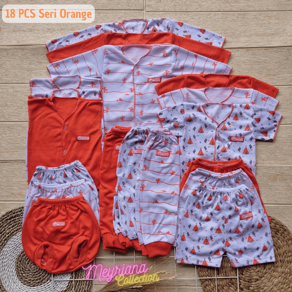 18 PCS Paket Kelahiran Baju Bayi Celana Setelan Bayi Baru Lahir Seri Orange KOMBINASI SABLON Bayi Newborn Meyriana Collection