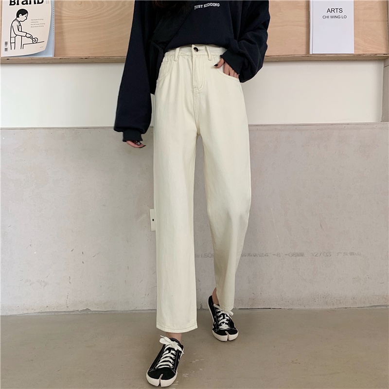 korean style new impor kualitas tinggi Kuning krem / Hitam straight vintage celana jeans panjang wanita