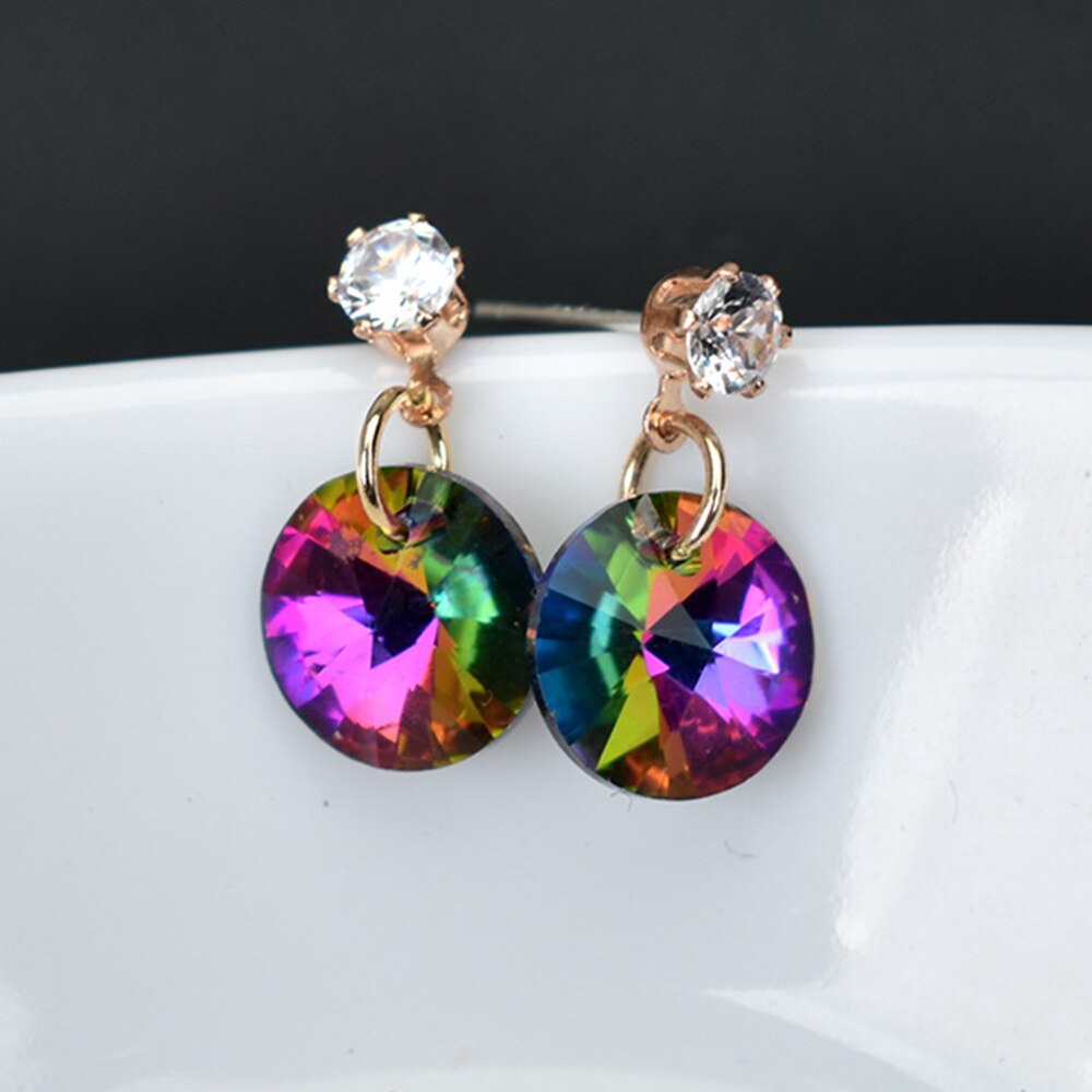 Anting Stud Bentuk Bulat Geometris Aksen Kristal Warna-Warni Untuk Wanita