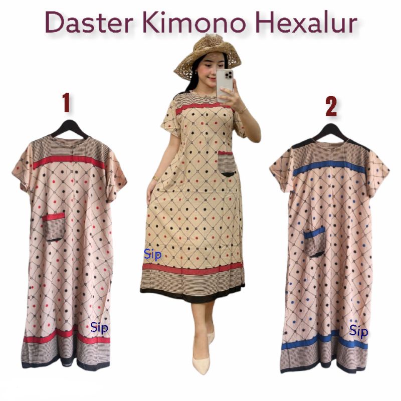 Daster Kimono Hexalur Motif Garis Salur Hexagonal Rayon Allsize / Midi Dress Krem Tali Samping Kekin