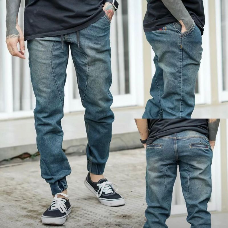 celana joger jeans pria jeans pinggang kolor cmje celana panjang pria jogger pant