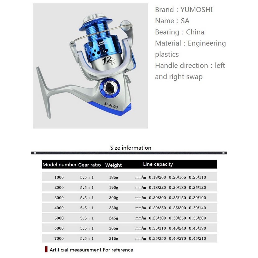 Yumoshi 3000 Series Reel Pancing Fishing Reel 5.5:1 Gear Ratio - SA3000 - Silver Blue