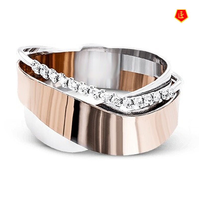 [Ready Stock]Creative Cross Winding 14K Gold Two-Tone Diamond-Studded Ring